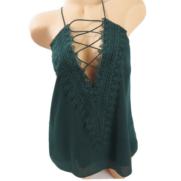 WAYF Camisole Top Hunter Green Size L Posie Deep Lace V-Neck Sleeveless - Picture 2 of 11